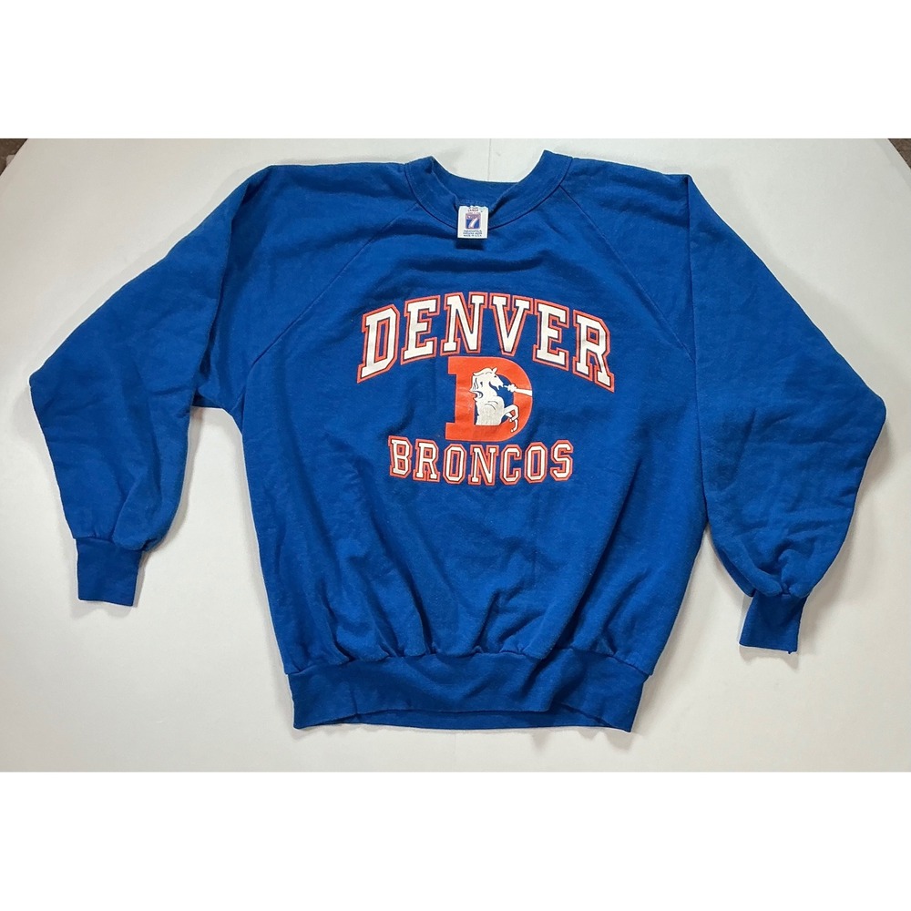 VTG 90s USA Made Logo 7 Denver Broncos Sweatshirt Mens L Blue NFL Sportswear